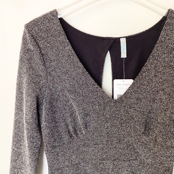 NWT Free People Heartstopper 3/4 Sleeve V-Neck Tweed Mini Dress - Black - L - Picture 2 of 9